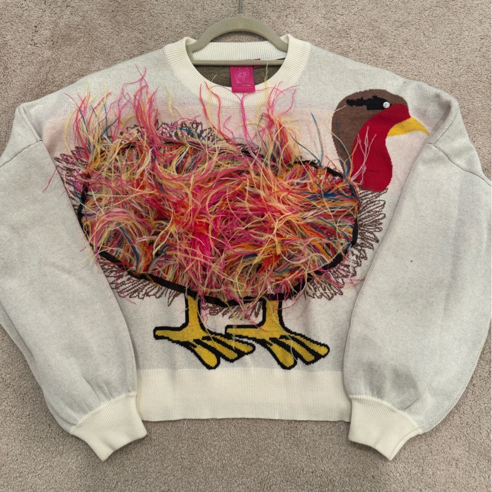 QUEEN OF SPARKLES Ivory Feather Turkey Sweater Size XS